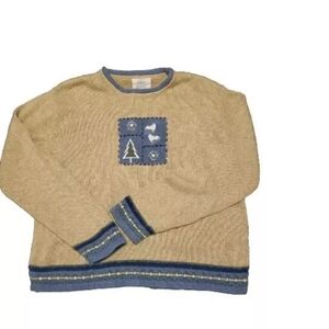 Vtg Christopher &Banks Hand Embroidered Christmas Holiday Winter Sweater L EUC